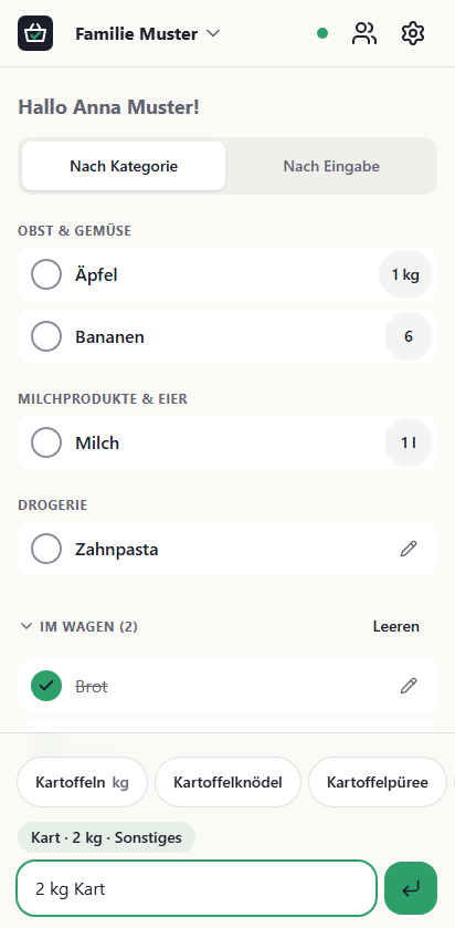 Die Eingabezeile mit einem getippten Eintrag und Vorschlägen darunter